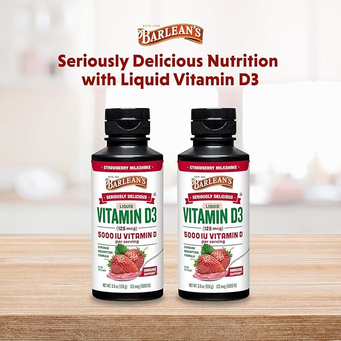 Barlean's Pack of 2 Vitamin D3 Liquid Supplement for Kids and Adults 5000 IU Vitamin D Strawberry Milkshake Non-GMO Gluten and Dairy Free 5.6 oz Each