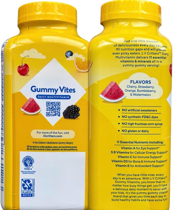 Kid's Gummy Vites Daily Multivitamin 300 Gummies 11 Essential Nutrients2-Years Older Cherry Strawberry Orange Bumbleberry Watermelon Flavors Pediatrician Recommended