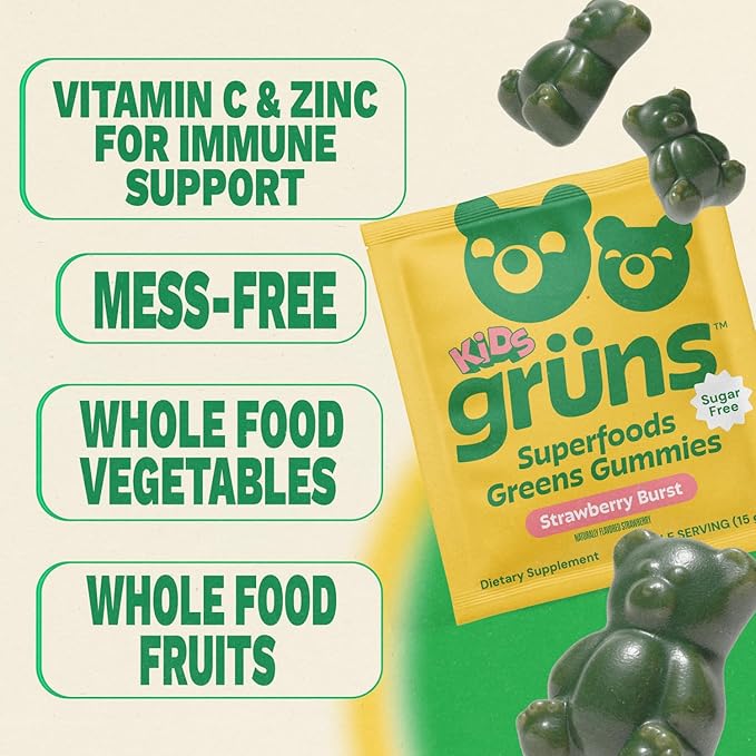 Gruns Adult + Kids Superfood Green Bundle Nutritional Supplement 2-Pack (28 Day Supply) multivitamin Gummy + prebiotics + Greens Powders 60+ Organic Ingredients 20+ Vitamins and Minerals