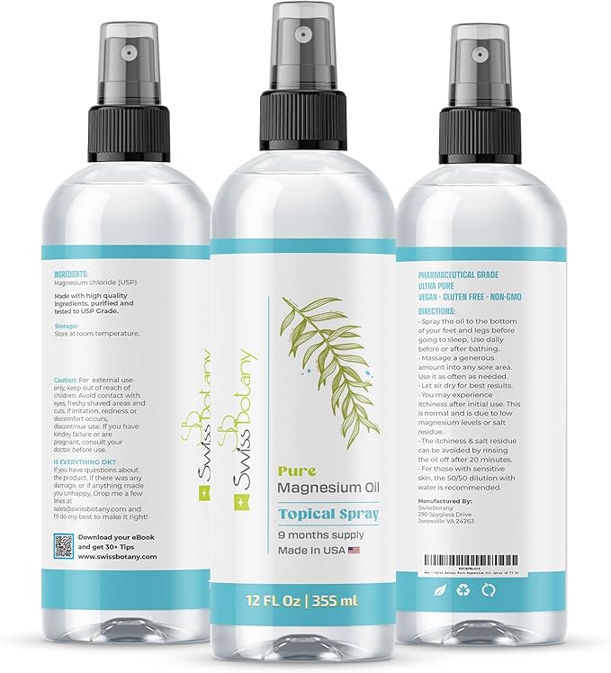 Pure Magnesium Oil Spray - Magnesium Spray for Feet - 12 fl oz (Lasts 9 Months) - USP Grade Organic Topical Magnesium Spray - Naturally Sources - eBook Included - Made in USA