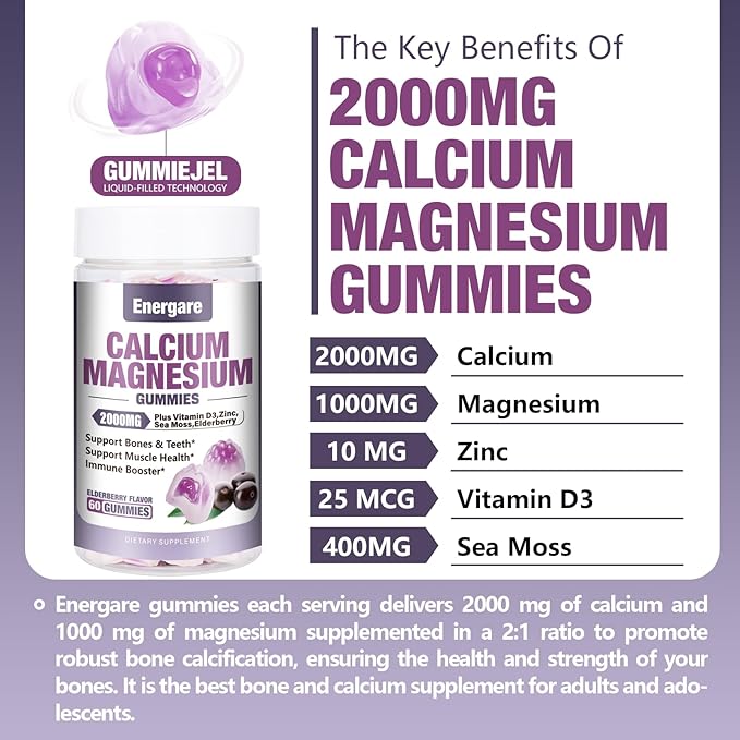 2 Packs Calcium Magnesium Zinc Filled Gummies with Vitamin D3 Sea Moss Calcium Gummies for Bone Muscles Calm Mood Support Supplements for Kids &amp Adults Elderberry Flavor 120cts
