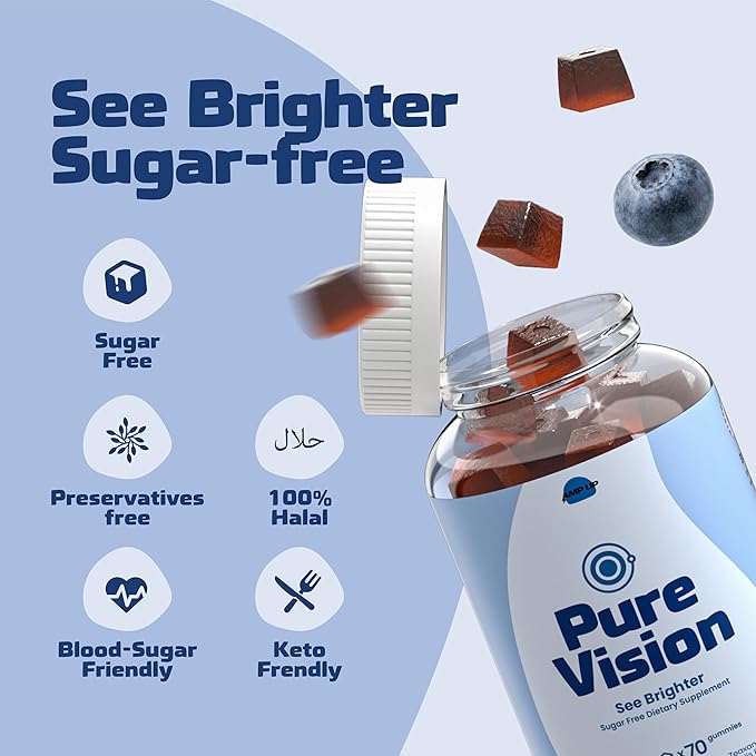 AmpUp Eye Wellness Sugar-Free Gummies with Lutein &amp Zeaxanthin Bilberry &amp Vitamin A + E Gluten Free Gelatin Free Non GMO Vegetarian Blueberry Flavor 70 Gummies