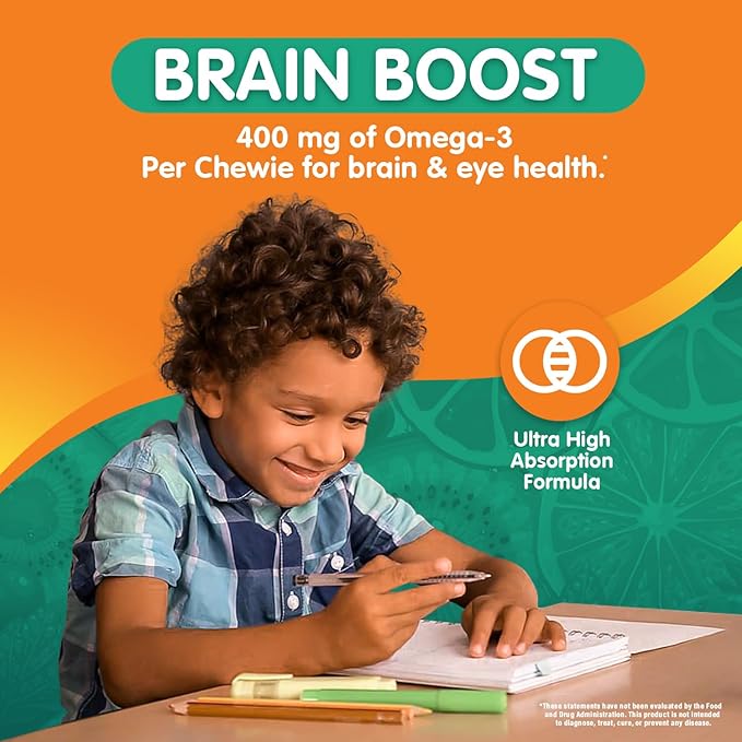 OmegaVia Omega 3 Chewies - Ultra-High DHA Chewables - Omega 3 for Kids Supports Brain &amp Eye Health - Sugar-Free Natural Fruit Flavor - Kids Omega 3 Fish Oil Chewies (30 Count)