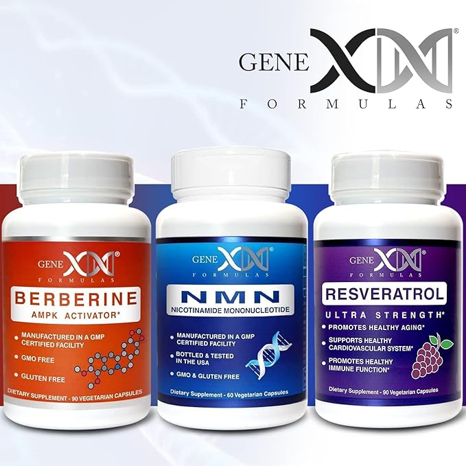 GENEX NMN Resveratrol and Berberine Power Pack Supplements | 250mg Nicotinamide Mononucleotide (NMN) Ultra Strength 500mg Resveratrol &amp AMPK Activator Berberine 500mg for Healthy Aging (3 Bott
