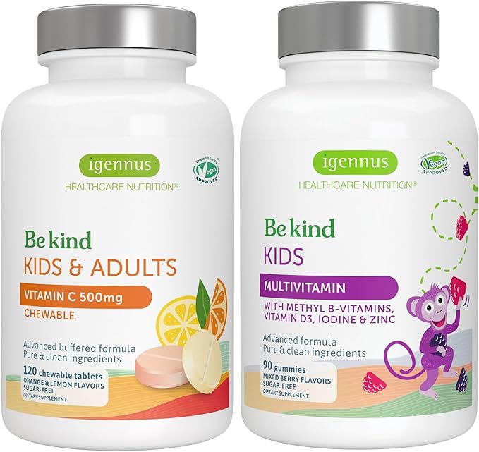 Igennus Methylated Kids Multivitamin Gummy + Gentle Buffered Vitamin C Chewable 500mg Kids Brain &amp Immunity Bundle 4y+ with B-Vitamins &amp Vitamin D + Sugar Free &amp Vegan