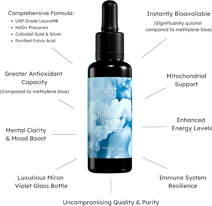 BIOLIGHT BioBlue Leuco | USP Leucomethylene Blue w/Litewater Deuterium-Depleted Water | Mitochondrial Support Wellness &amp Longevity | Increased Energy Focus Exercise Capacity | 2 fl oz 1% Solut