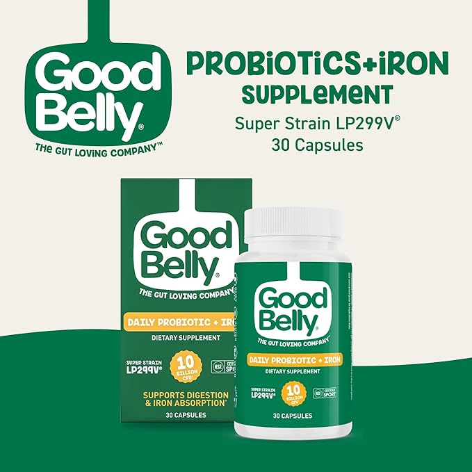 GoodBelly Probiotic Capsules for Digestive Health &amp Iron Absorption | Vegan Probiotic Supplement with 10 Billion Live Cultures | Probiotics for Women &amp Men | 30 Capsules