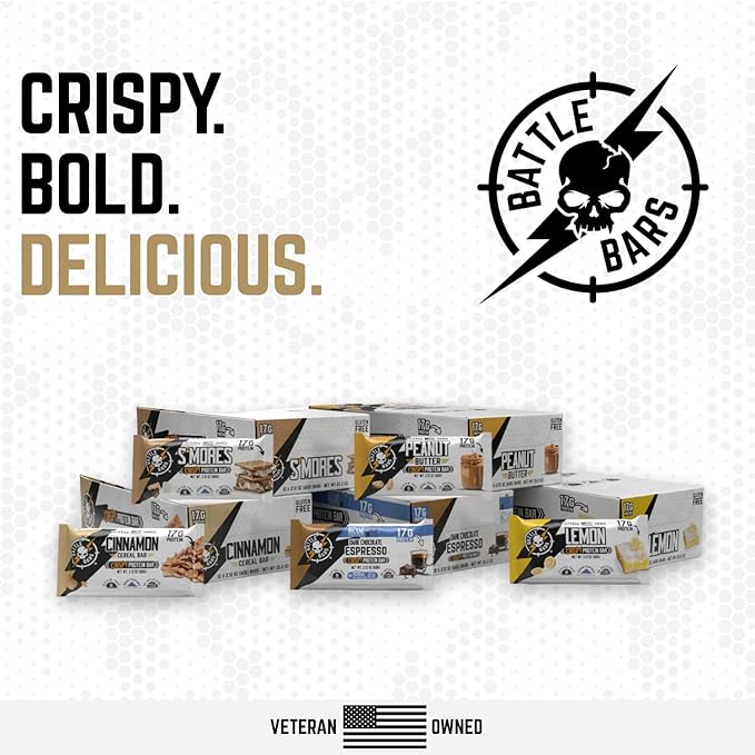 Battle Bars Crispy Protein Bar 17g Protein per serving - Gluten Free No Artificial Flavors or Colors - Veteran Owned - Peanut Butter (60g) 10 Count
