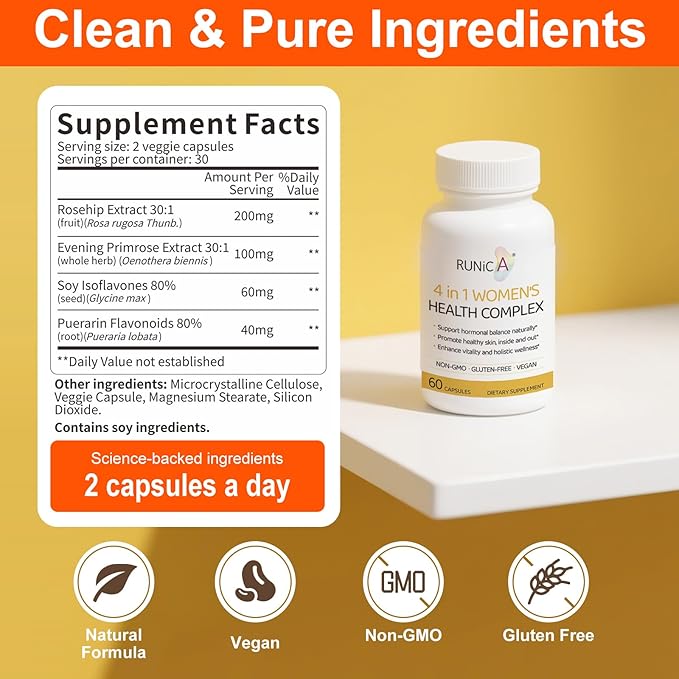 4in1 Women's Hormone &amp Beauty Complex | Menopause Relief Supplement for Hot Flashes Night Sweats &amp Mood | Soy Isoflavones Pueraria Rosehip &amp Evening Primrose - 60-Day Routine Bundle