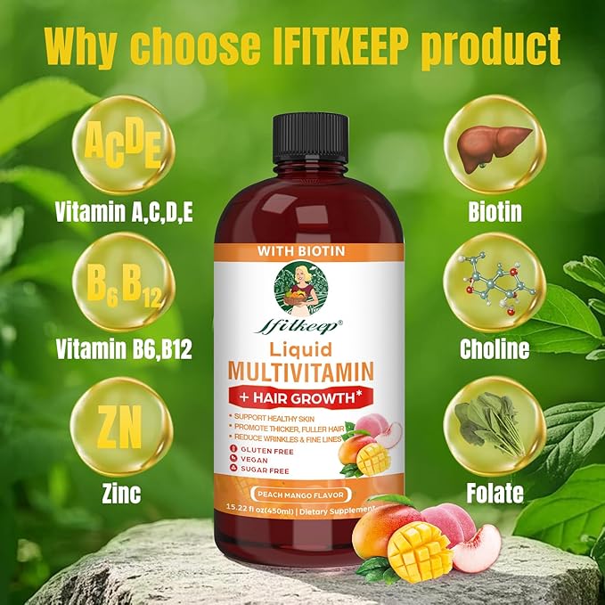 Liquid Multivitamin for Hair Growth | Biotin 10000mcg | Hair &amp Skin Support Supplement | Clinically Tested for Thicker Hair &amp Skin Elasticity | Suitable for Women &amp Men Ages 18+ | 15.22 F