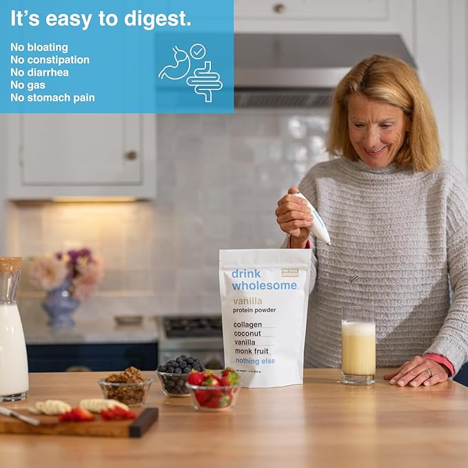drink wholesome Vanilla Collagen Protein Powder for Sensitive Stomachs | Minimally-Processed Whole-Food Protein | Additive-Free Dairy-Free Gluten-Free | Low FODMAP