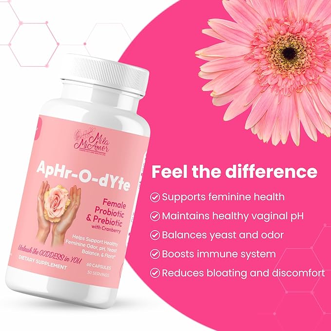 Mila Miamor ApHr-O-dYte Women’s Probiotic and Prebiotic with Cranberry - Gluten-Free Non-GMO Supplement for Feminine Health pH Balance Odor Control Urinary Tract - 60 Capsules