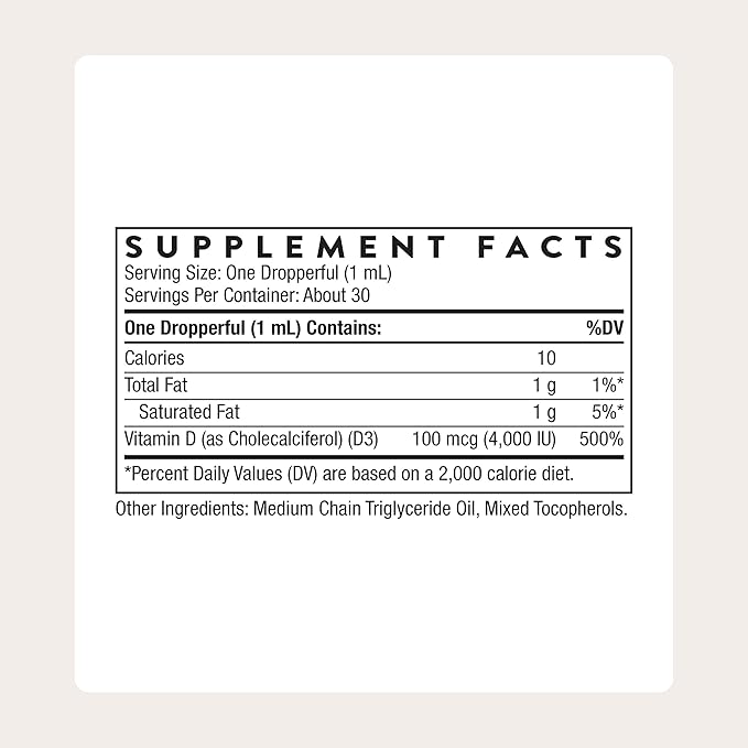 THORNE - Vitamin D3 with a Metered Dispenser - Liquid Vitamin D Vegan Supplement - Supports Healthy Bones Teeth &amp Muscles Plus Cardiovascular &amp Immune Function* - 4000 IU - 1 Fl Oz - 30 Ser