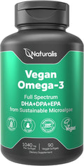 Naturalis Double Strength Vegan Omega 3 DHA EPA &amp DPA from Microalgae | Vegan Society Certified Sustainably Sourced True Full Spectrum | 90 Veggie Softgels (Carrageenan Free)