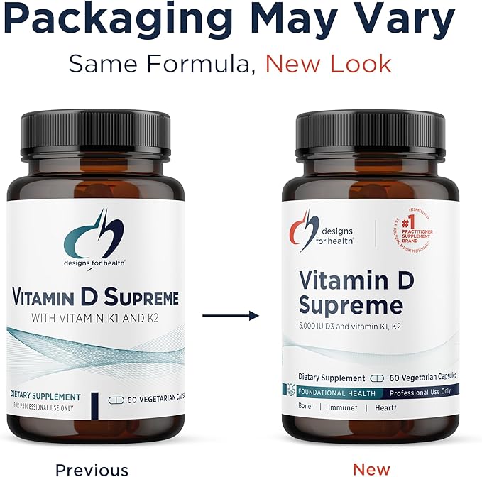 Designs for Health Vitamin D Supreme - Vitamin D 5000 IU with 2000mcg Vitamin K as MK4 for Bone Health Heart Health Mood &amp Immune Support - Vitamin D3 Enhanced with GG Supplement (60 Capsules)