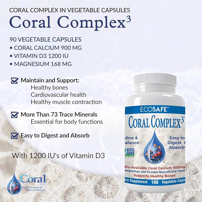 Coral Complex 3 Calcium Supplement Vitamin D3 &amp Magnesium – 900 mg Bioavailable Coral Calcium for Bone Strength Joint Support &amp pH Balance – Trace Minerals Non-GMO 300 Veg Capsules