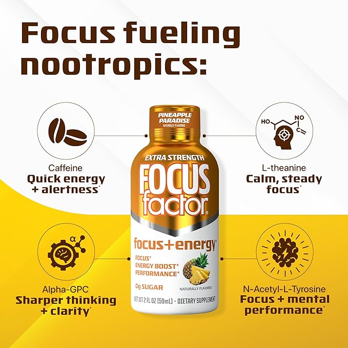 Focus Factor Extra Strength Focus + Energy Shots - 12 x 2oz Bottles (Pineapple Paradise Flavor) - Powered by Nootropics with Caffeine L-Theanine Ginkgo Bacopa L-Tyrosine Alpha GPC
