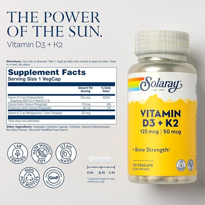 SOLARAY Vitamin D3 K2 and Magnesium Glycinate - Bone Health Bundle - Calcium Absorption Nerve Heart and Immune Support w/ 5000 IU Vitamin D 350mg Chelated Magnesium 60-Day Guarantee 120ct/120ct