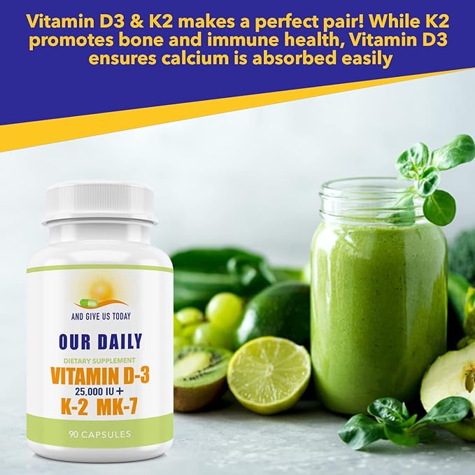 Our Daily Vites Vitamin D-3 25000 IU + K2 - High Potency D3 with Vitamin K Bone Immune Mood + Cardiovascular Support Supplement