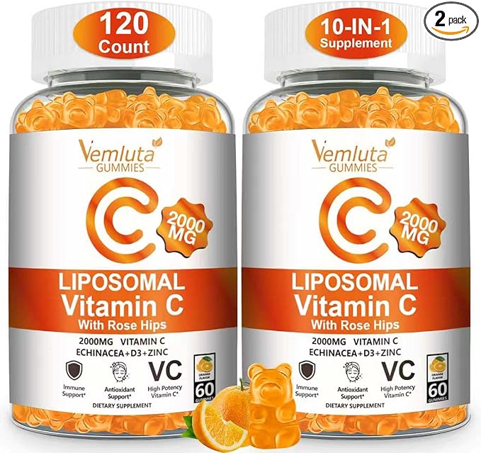 2 Pack Liposomal Vitamin C 2000mg Gummies Complex Rose HIPS with D3 5000IUElderberry EchinaceaIron &amp Zinc for Adults Kids ImmuneAntioxidant &amp Collagen SupportOrange Flavor 120Count