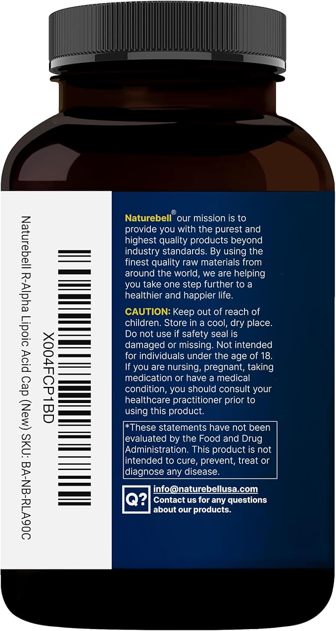 NatureBell R-Alpha Lipoic Acid - 90 Capsules - Delivers 1200mg R-ALA Per Serving - Antioxidant &amp Cellular Energy Support* - Stabilized R-Isomer ALA - Non-GMO &amp Gluten-Free