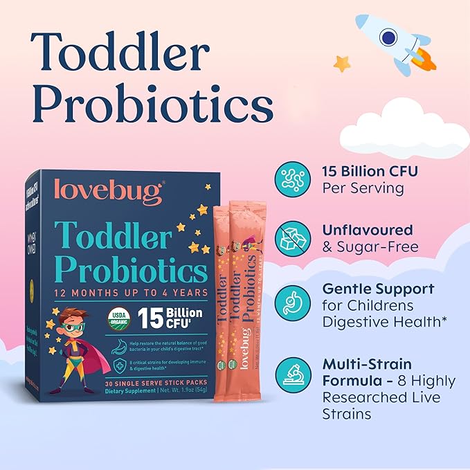 Lovebug Kids Probiotic Powder with Prebiotic Fiber - Toddler Immunity Support &amp Constipation Relief - USDA Organic Probiotics for Childrens Gut &amp Digestive Health (Ages 1-4) - 30 Pack (Unflavo