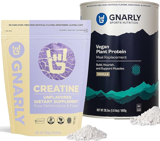 Gnarly Nutrition Creatine Powder Unflavored (16.05oz) and Gnarly Vegan Plant Protein Meal Replacement - Vanilla (28.2oz)