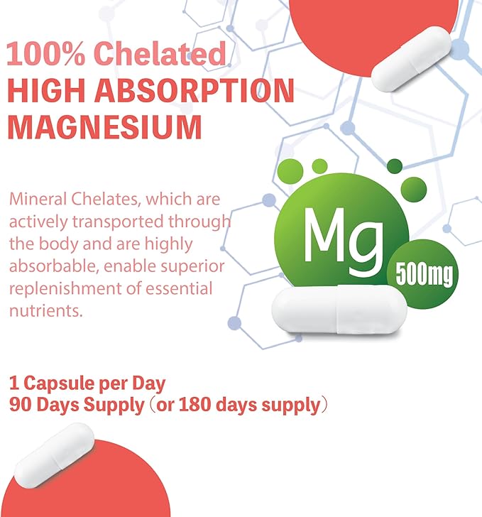 Magnesium Glycinate 500mg 100% Chelate for High Absorption Magnesium Supplement for Sleep Muscle Heart Never and Bone Support 180 Capsules