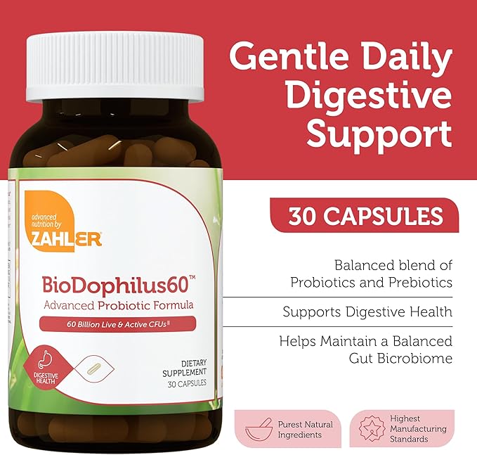 Zahler Biodophilus 60 Billion Live Cultures Per Serving Supports Digestive HealthCertified Kosher 30 Capsules
