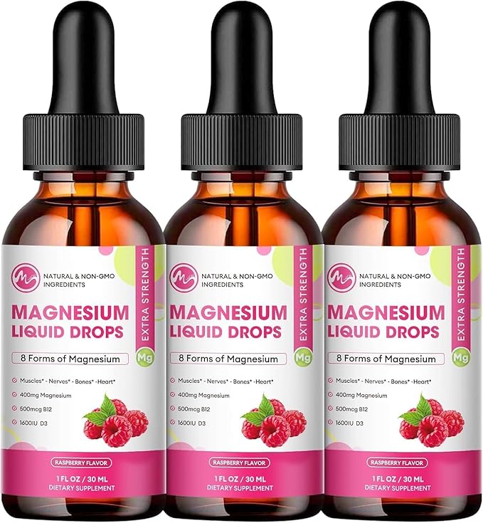 (3 Pack) Magnesium Liquid Drops - 8 in 1 Magnesium Complex Supplement with Magnesium Glycinate Citrate Malate Taurate for Brain Night Muscle Bone Cramps Raspberry Flavor