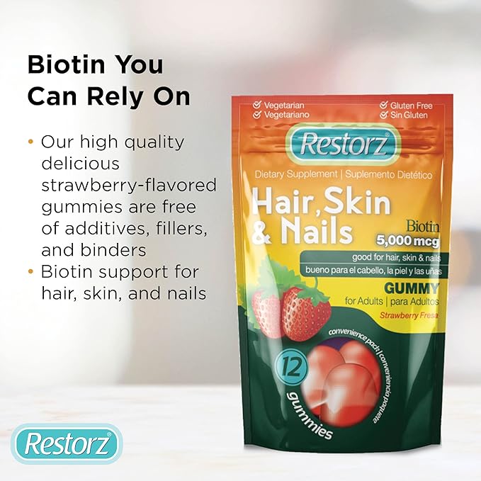 Restorz Hair Skin and Nails Biotin Gummy Vitamins Strawberry Flavor (12-Pack)