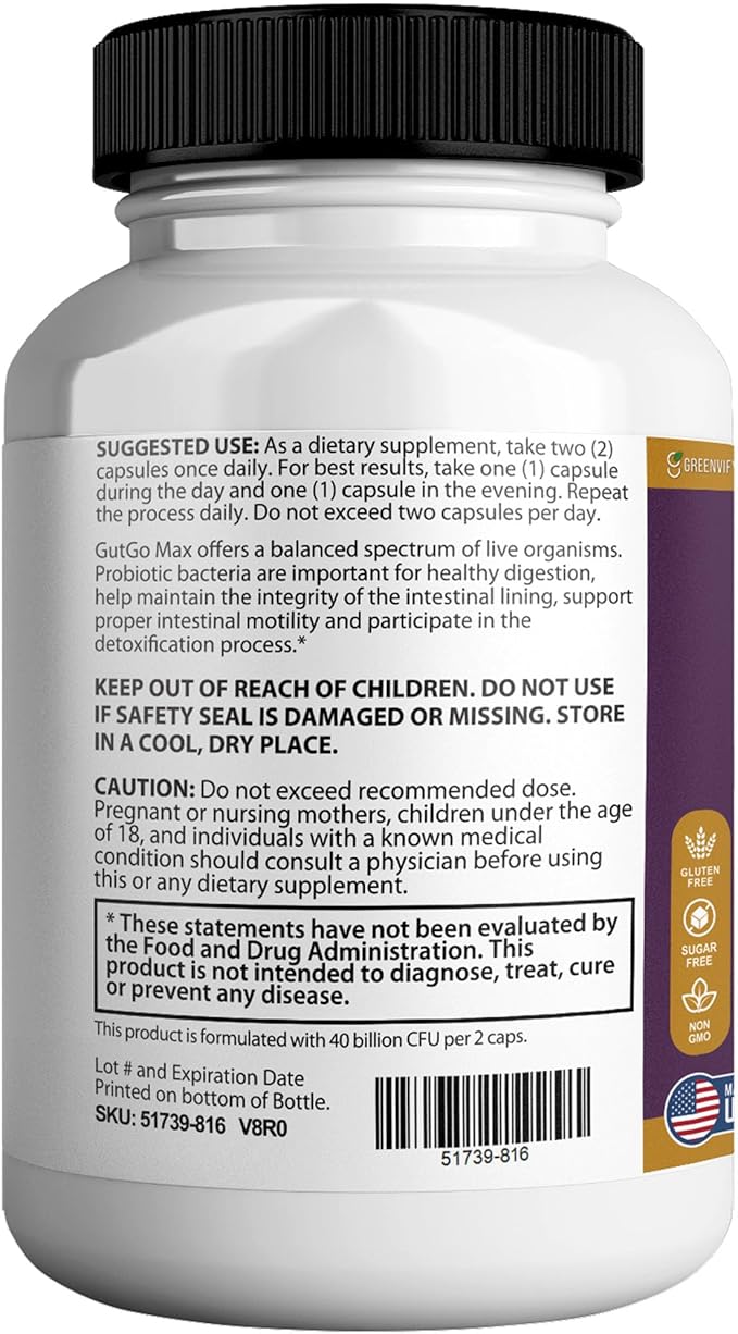 GutGo Max Probiotic Supplement 40 Billion CFU 60 Capsules Maximum Strength Gluten Free Sugar Free (3)