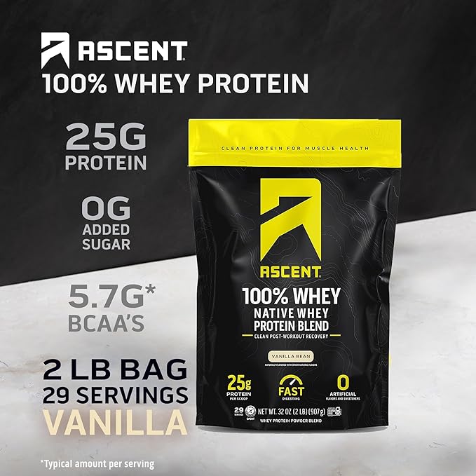 Ascent 100% Whey Protein Powder Vanilla Bean 2 lb &amp Creatine Monohydrate Powder Unflavored 45 Servings