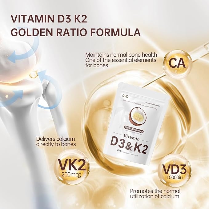 300 Pcs 2 in 1 Vitamin D3 10000 iu Plus K2 (MK-7) 200 mcg Virgin Coconut Oil Softgels with Vitamins D &amp K Supports Calcium Absorption Bone Immune &amp Heart Health – Easy to Swallow