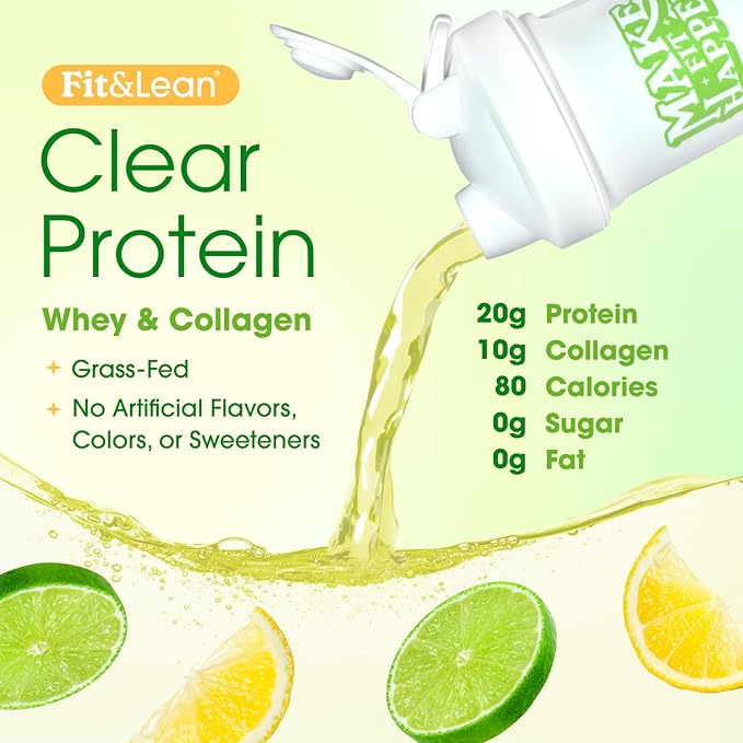 Fit &amp Lean Clear Protein Powder with Whey Isolate Protein and Collagen Grass Fed Muscle Recovery Skin Joints GLP-1 Support 0g Sugar Citrus Lime 20 Servings