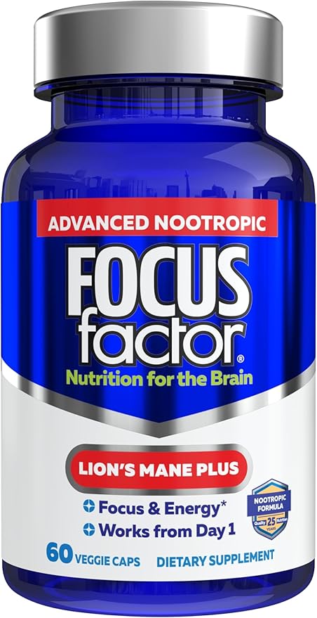 Focus Factor Lions Mane Plus Advanced Nootropic with L-Theanine Caffeine Focus and Energy (60 Count)