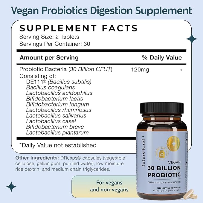 Future Kind Vegan Probiotics for Women and Men - 30 Billion CFUs Probiotics for Digestive Support (30 Adult Probiotic Capsules) No GMOs Daily Probiotic Supplements from 42 Fruits &amp Vegetables