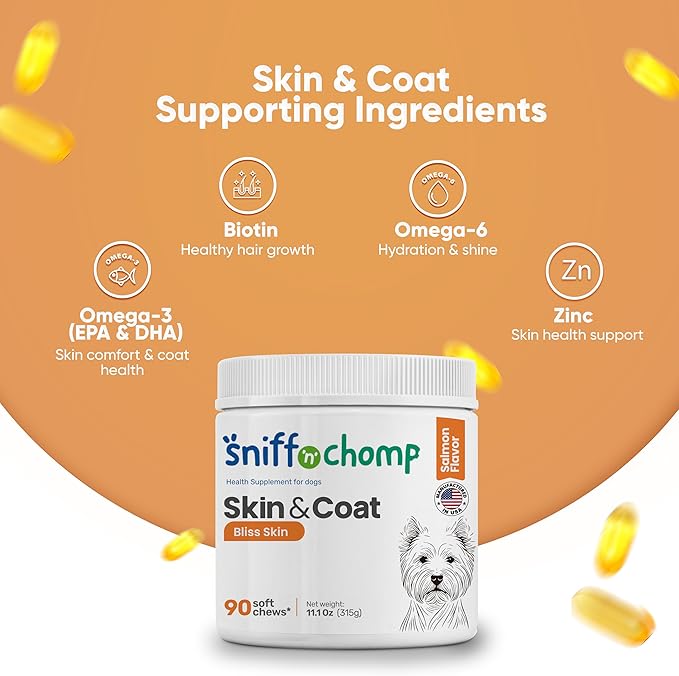SNIFF N CHOMP Omega 3 for Dogs Chews Skin and Coat Supplement for Dogs Omega 6 Fish Oil Formula Itchy Dry Skin Relief Healthy Coat Shine Support All Breeds | 90 Soft Chews