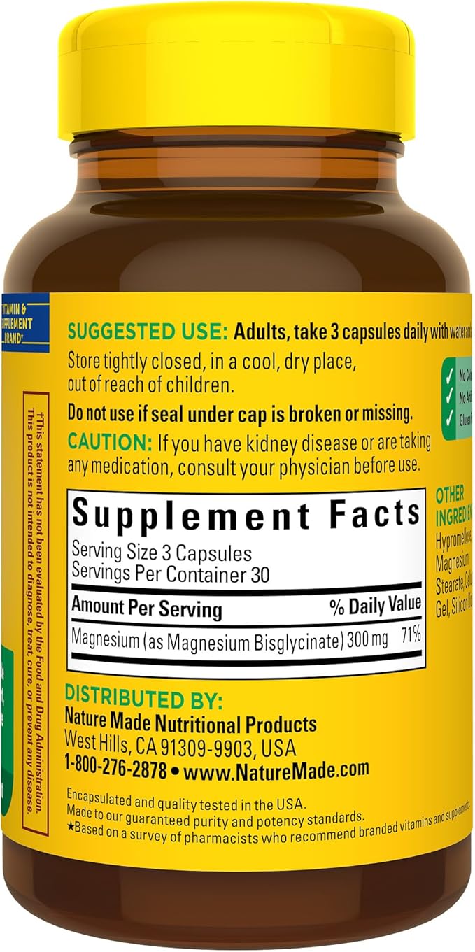 Nature Made High Absorption Magnesium Glycinate 300mg per 3 Capsules Mg-Supplement for Muscle Heart Nerve and Bone Support 90 Mg Bisglycinate Capsules 30 Day Supply(Pack of 2)