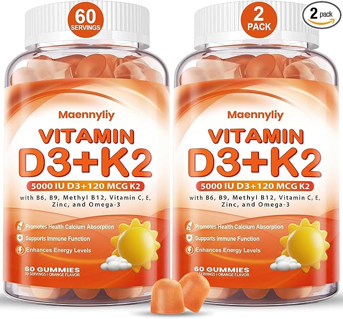 Vitamin D3 K2 Gummies for Adults - Vitamin D3 5000IU + K2 (MK-7) 120mcg - Sugar-Free D3 and K2 Supplements with Omega-3 Methyl B12 B9 B6 Vitamins E &amp Zinc - for Calcium Absorption &amp Immune