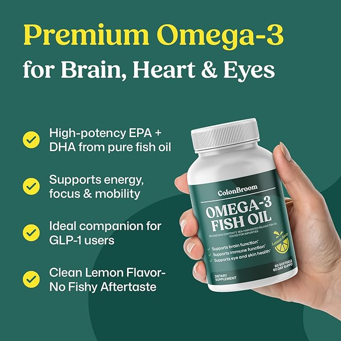 ColonBroom Omega 3 Fish Oil 2640 mg Softgels | Lemon Flavor | Daily Fish Oil Omega-3 Supplement for Women &amp Men with EPA &amp DHA | Gluten-Free Non-GMO Natural (60 Softgels 2 Month Supply)