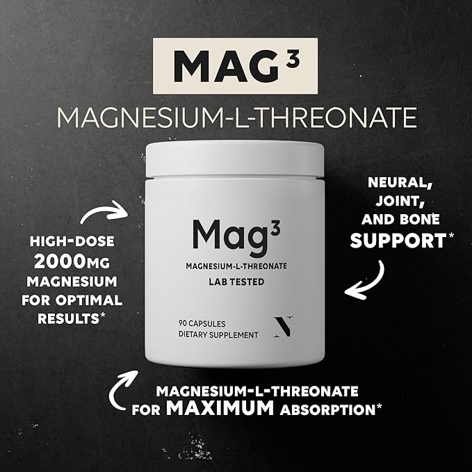 Mag3 – Magnesium L Threonate 2000mg Per Serving 30 Servings of Pharmaceutical Grade Non-GMO Soy Free Gluten Free Vegetarian Capsules - Supplement for Brain &amp Joint