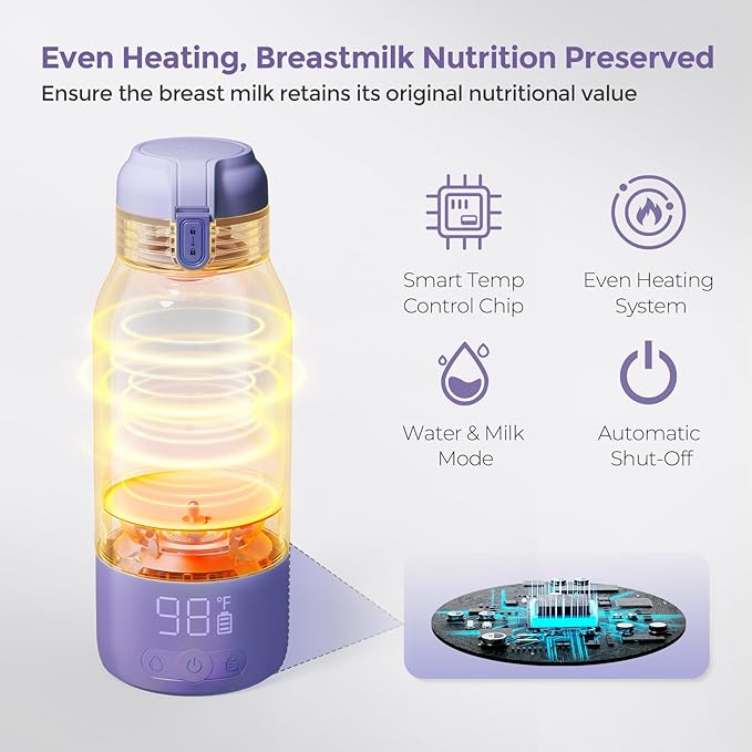 Momcozy Portable Bottle Warmer for Travel – Dual Heating Modes for Breast Milk &amp Water Portable Milk Warmer with Fast Heating &amp Long Battery Life 17 Ounces Large Capacity Purple