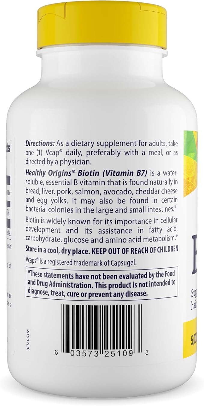 Healthy Origins Biotin 5000 mcg (USP Grade Non-GMO Gluten Free Hair Support Nail Support) 360 Veggie Caps