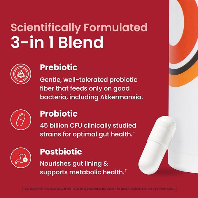 Ombre 3-in-1 Probiotic Prebiotic and Postbiotic for Digestive Health &amp Gut Health - 45 Billion CFU - Bloating Constipation &amp Gas Relief - Metabolic &amp Immune Support for Women &amp Men
