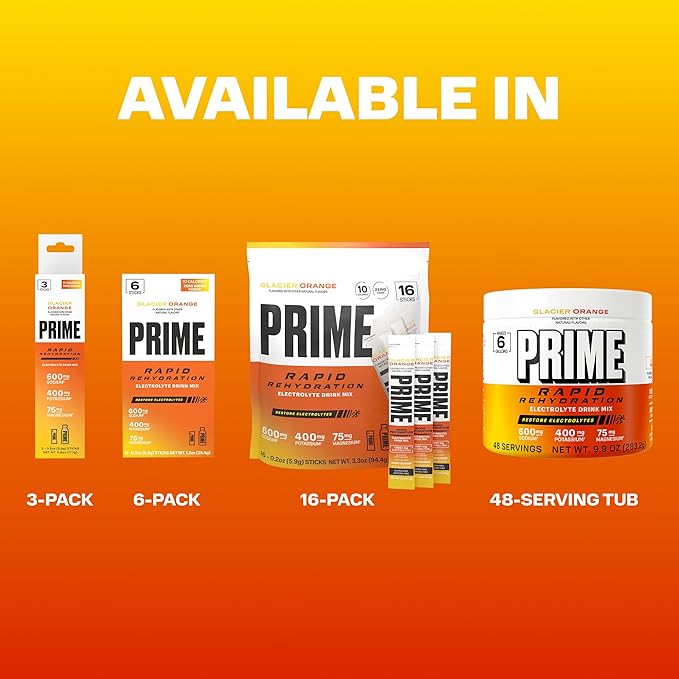 Prime Rapid Rehydration Electrolyte Powder Glacier Orange Sugar Free Hydration Drink Mix with Sodium Potassium Magnesium &amp B Vitamins to Replenish Fluids Caffeine Free 6 Gallon Tub 48 SRV