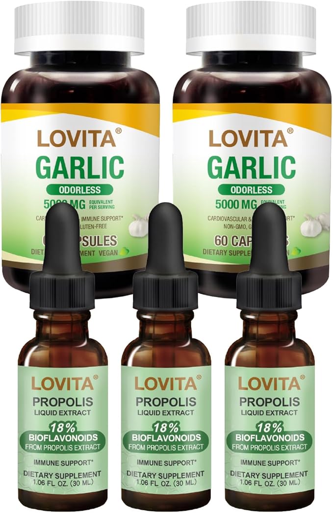 LOVITA Advanced Defense Bundle - 3 Propolis Drops &amp 2 Odorless Garlic Extracts 5000mg Garlic Equiv &amp 18% Bioflavonoids (5 Pc)