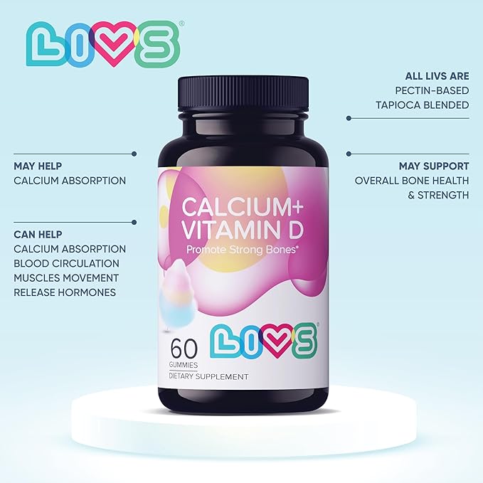 LIVS Calcium &amp Vitamin D3 Gummies for Adult &amp Kids – 170mg Calcium &amp 1000 IU Vitamin D3 Supplement for Immune Support Bone &amp Teeth Health | Cotton Candy Flavor | Gluten-Free | 120 Cou