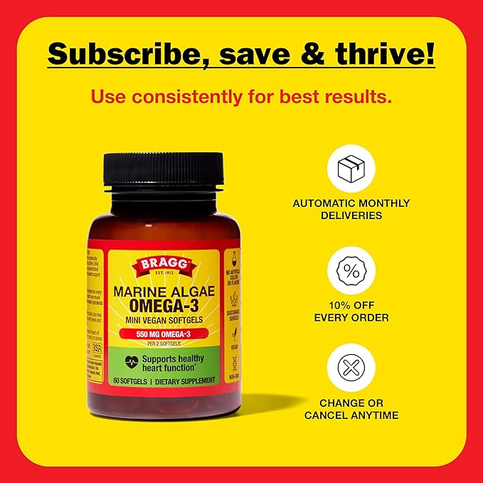 Bragg Omega-3 Supplement Capsules with DHA and EPA - 60 Vegan Softgels - Sustainably-Sourced Marine Algae - Supports Eye and Brain Health