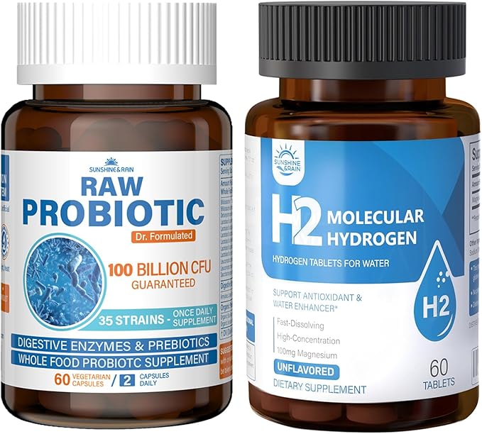 Raw Probiotics for Women &amp Men (100 Billion CFU 35 Strains) + Molecular Hydrogen (H2) Tablets with Magnesium (12 PPM) for Daily Digestive Immune &amp Cellular Support